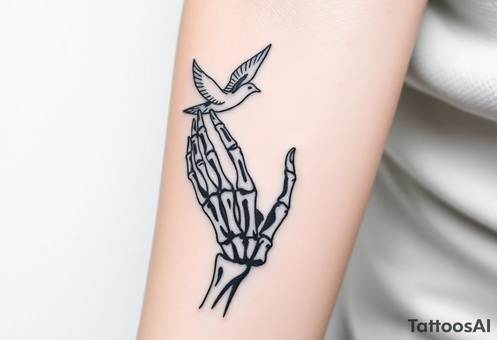 Skeleton hand reaching out of the ocean for a flying swallow in the Sailor Jerry style tattoo idea