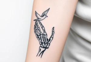 Skeleton hand reaching out of the ocean for a flying swallow in the Sailor Jerry style tattoo idea