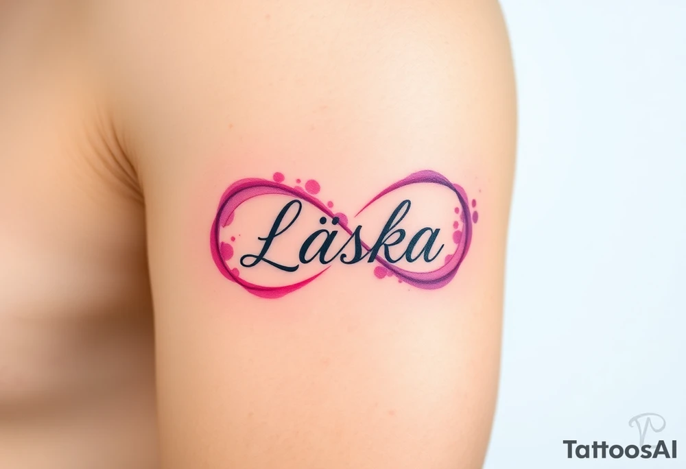 A watercolor infinity design in pastel pink and purple hues, with "Láska" softly blending into the curves, creating a dreamy effect tattoo idea