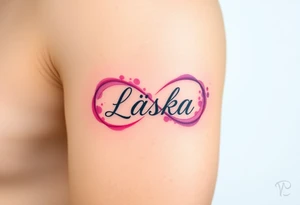 A watercolor infinity design in pastel pink and purple hues, with "Láska" softly blending into the curves, creating a dreamy effect tattoo idea