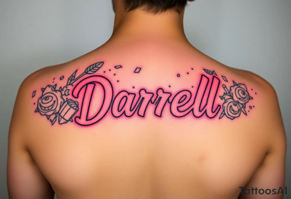 Feminine tattoo, neon colors, "Darrell" with lots of whimsical background tattoo idea