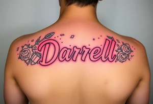 Feminine tattoo, neon colors, "Darrell" with lots of whimsical background tattoo idea