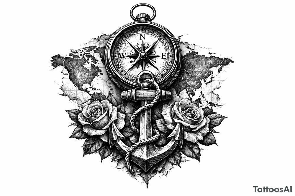 a compass under it an anchor, roses,world map. tattoo idea