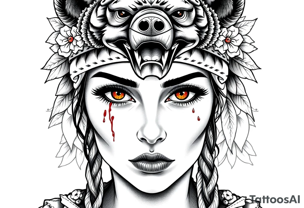Young Symmetrical Beautiful Woman, looking forward, with colored eyes, shedding a tear, with battle scars and blood on face, with soft look, wearing a mean looking bear headdress on head, with flower background tattoo idea