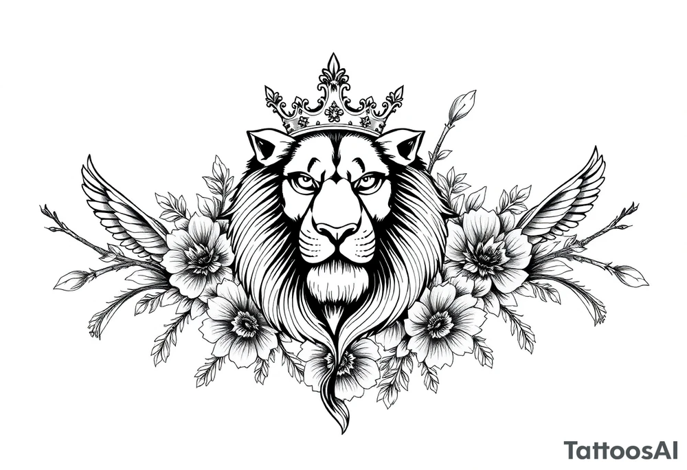 powerful majestic lion with a crown, surrounded by floral ornaments and birds tattoo idea