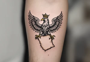 The Silesian eagle with golden crown gripping an ancient parchment slightly burnt, giving it an aged and mystical appearance. tattoo idea