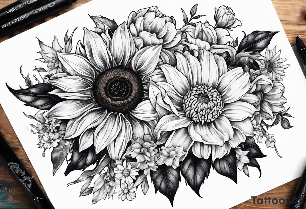 Sunflower daffodil, daisy, rose Adler, chrysanthemum, holly tattoo idea