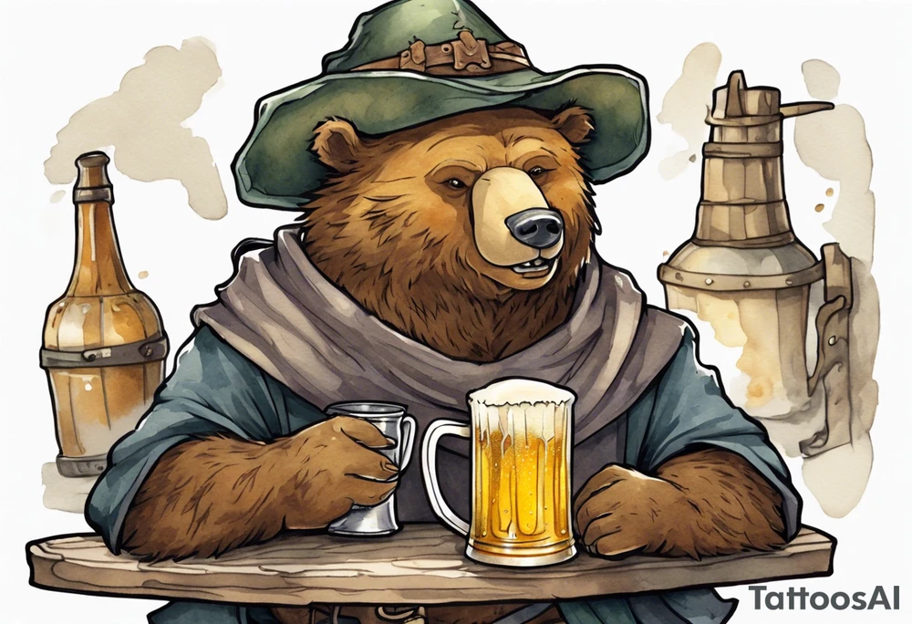 a medieval bear-human hybrid wearing a tunic and floppy hat and drinking from a pewter mug of beer in a tavern, smiling tattoo idea
