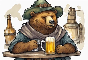 a medieval bear-human hybrid wearing a tunic and floppy hat and drinking from a pewter mug of beer in a tavern, smiling tattoo idea