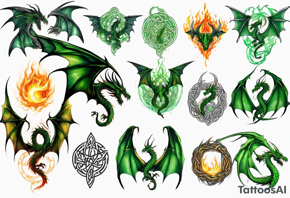 Dragon
Celtic
Green
Horns
Large wings
Fire tattoo idea