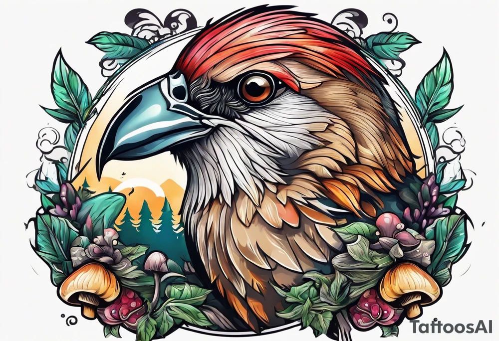 Bird head with mushrooms and nature in the background tattoo idea