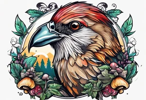Bird head with mushrooms and nature in the background tattoo idea