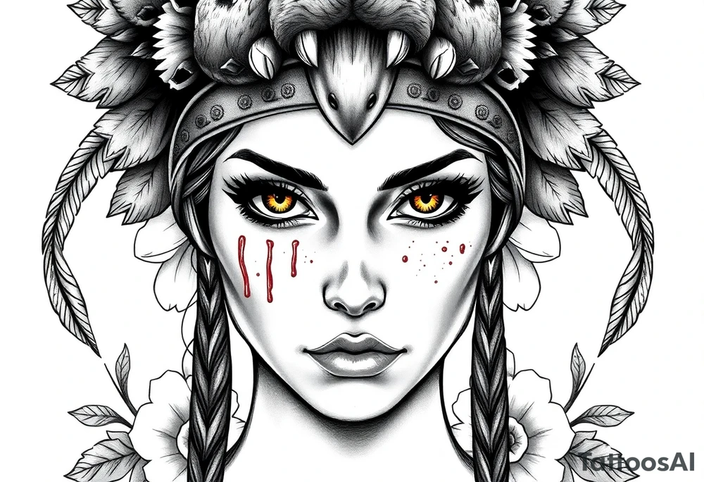 Symmetrical Beautiful Woman, looking forward, with colored eyes, shedding a tear, with battle scars and blood on face, with soft look, wearing a mean looking bear headdress on head, with flower background tattoo idea