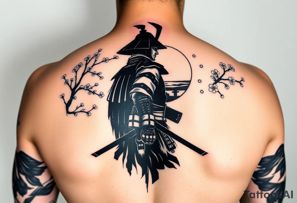 noble samurai warrior silhouette at sunset with cherry blossoms in a full arm sleeve tattoo idea