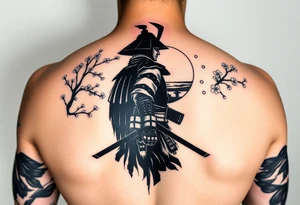 noble samurai warrior silhouette at sunset with cherry blossoms in a full arm sleeve tattoo idea