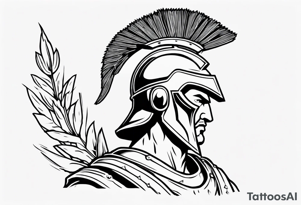 rectangular landscape format ultra-fine line linework vector of a spartan from the side, spartan spear, spartan shield, laurel wreath tattoo idea