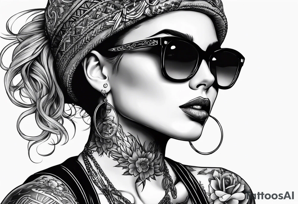 Bikergirl mit geflochtenen zöpfen tattoo idea
