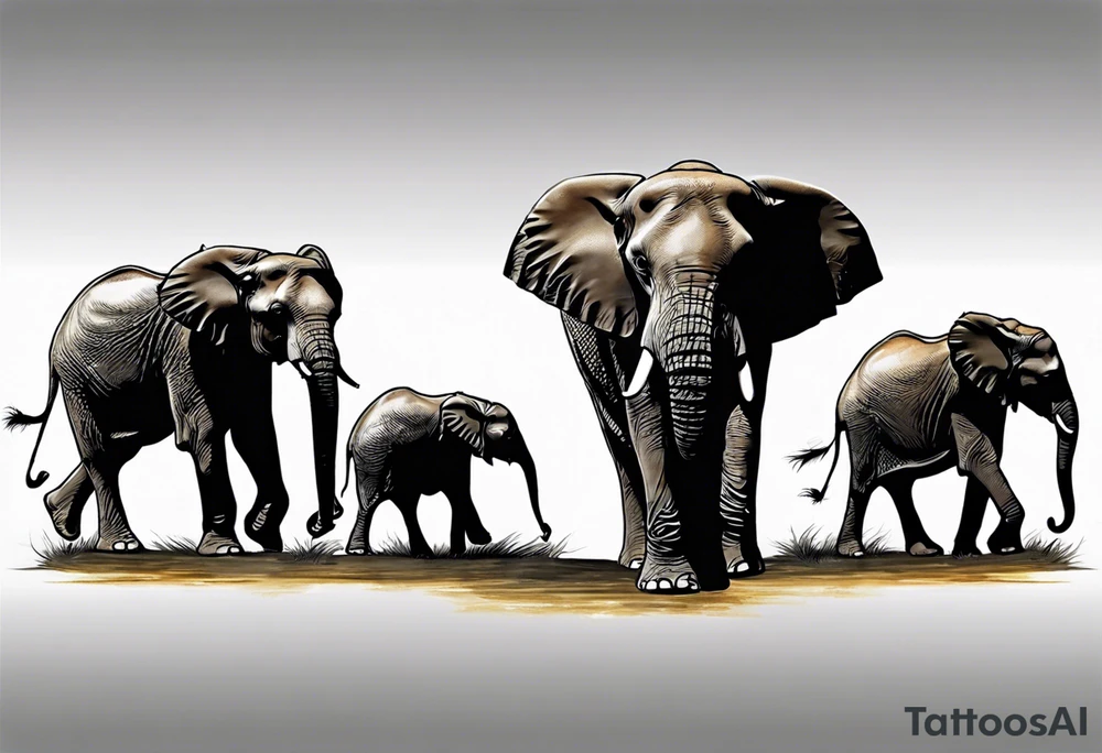 family of 6 elephants walking into sunset tattoo idea