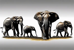 family of 6 elephants walking into sunset tattoo idea
