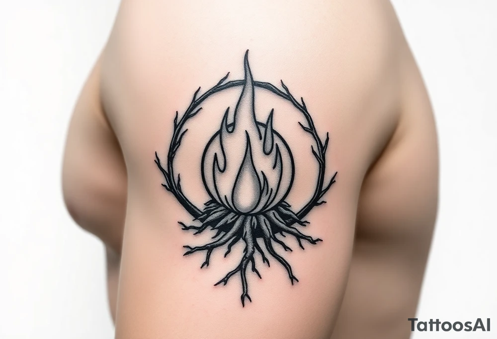a round flame imprisoned in a roots circle tattoo idea