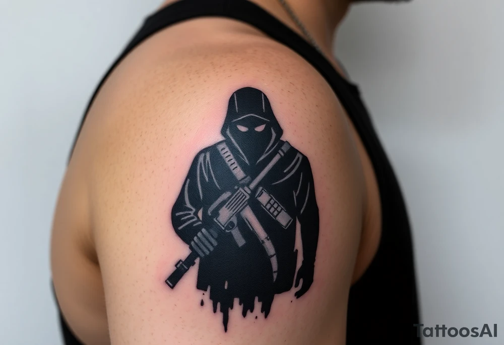 Minimalist covert operative symbolism representing loyalty and survival, faceless soldier silhouette emerging from darkness, torn fabric, subtle scars, controlled posture, black and grey realism, emotional restraint, understated strength, tattoo sleeve element. tattoo idea