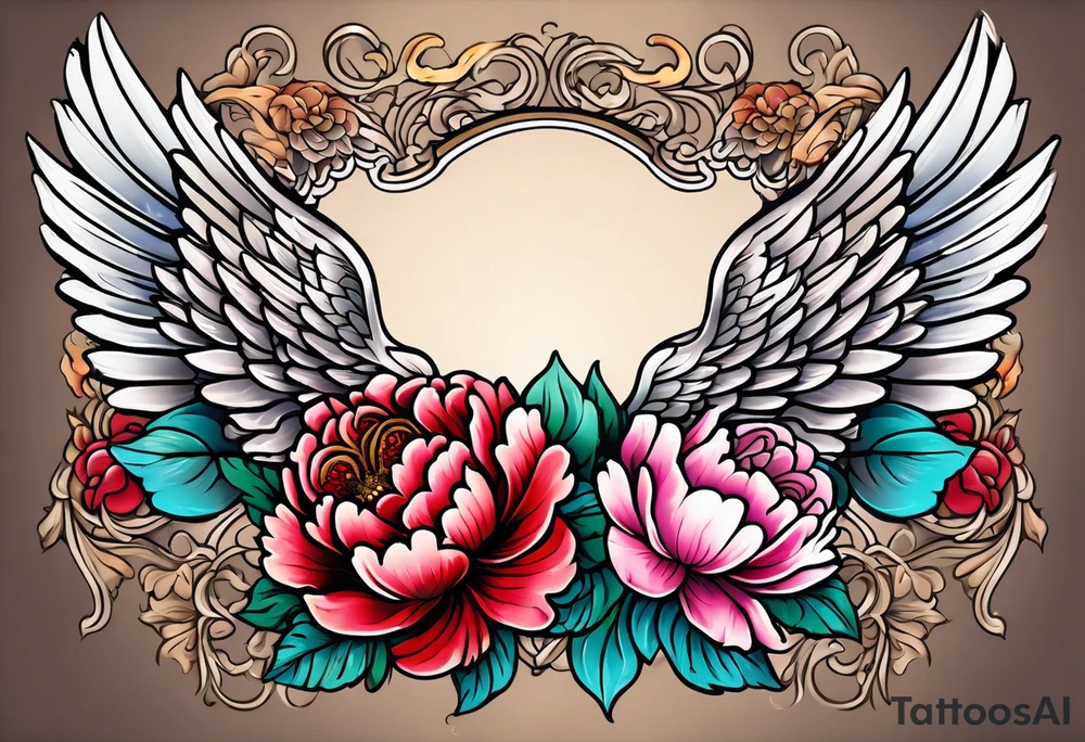 beautiful angel wings with colorful, peonies. beautiful flilligree in the background , full color, traditional old school tattoo idea