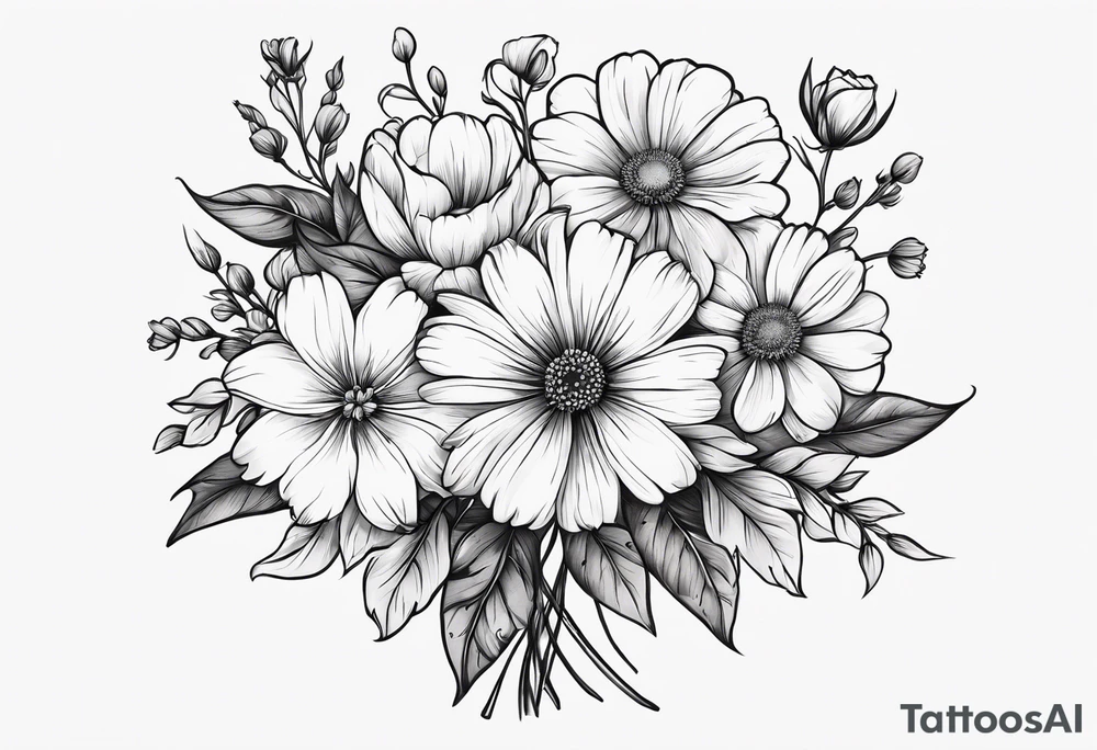 simple long stem wildflower bouquet across foot tattoo idea
