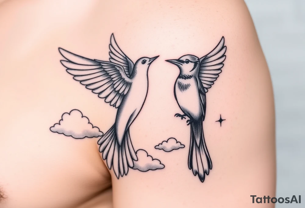 Dove and a blue jay, clouds, shining light to or from heaven tattoo idea