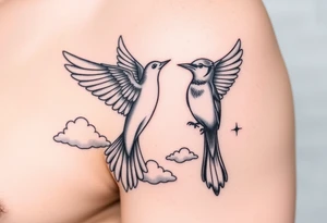 Dove and a blue jay, clouds, shining light to or from heaven tattoo idea
