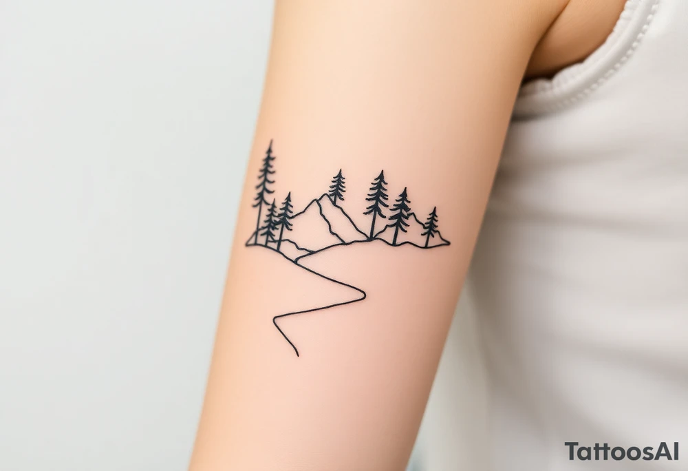 path deveoping zigzag between trees and mountains up the arm tattoo idea