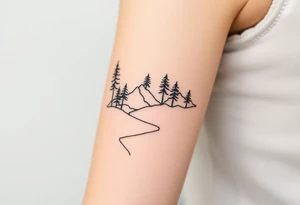 path deveoping zigzag between trees and mountains up the arm tattoo idea