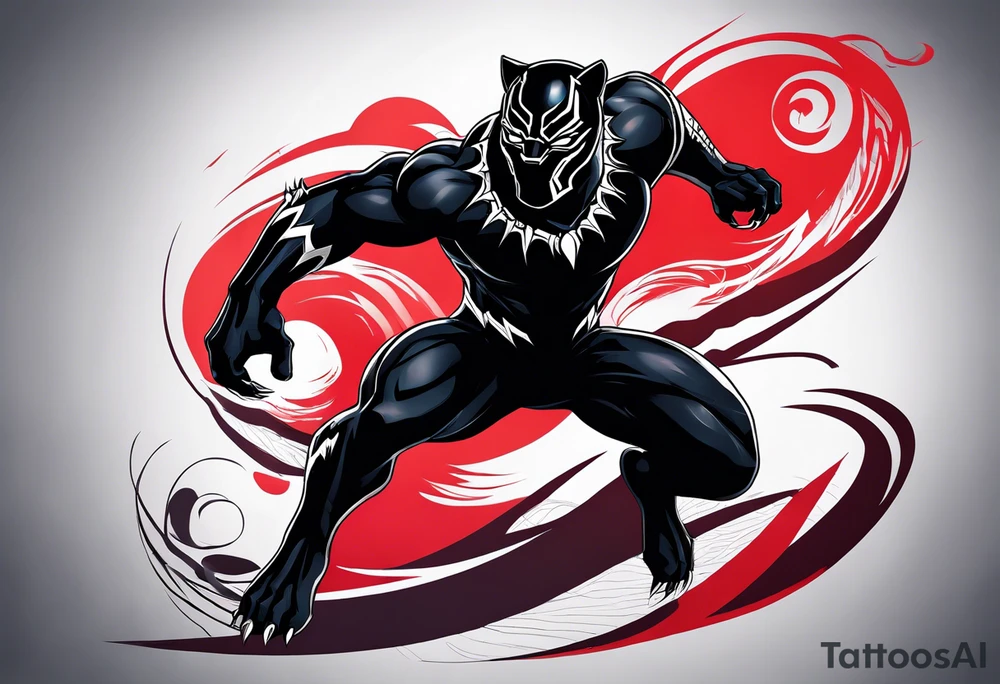 unique black panther tattoo, dynamic pose, showcasing its strength and grace, striking red eyes, intense and captivating elements, artistic flair, blending realism with abstract elements tattoo idea