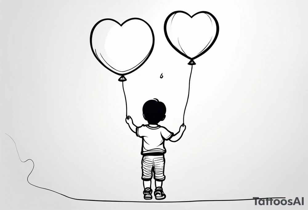 tatoo in sketch style only.
A little boy is holding a string to the hearth shaped small party baloon.
boy should be drawed from behind and has one hand reaching up in 45 degree angle and holding the baloon string
On the string is a big wave look like a hearbeat pulse.
draw only boy and string and baloon wothout any scenery tattoo idea