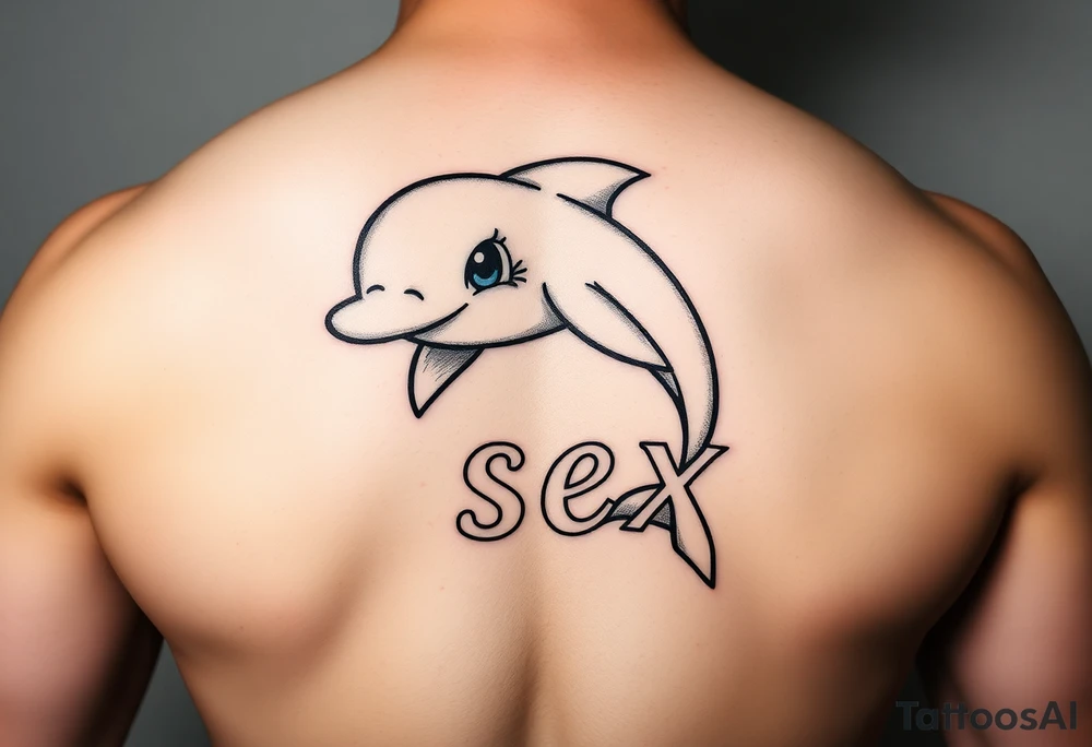 Cartoon dolphin with a mischievous face and the word sex written in cartoon letters tattoo idea