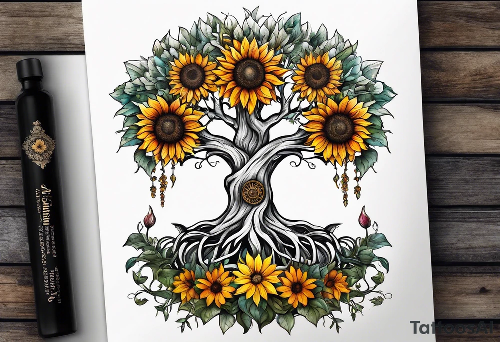 Feminine Yggdrasil tree with two sunflowers tattoo idea
