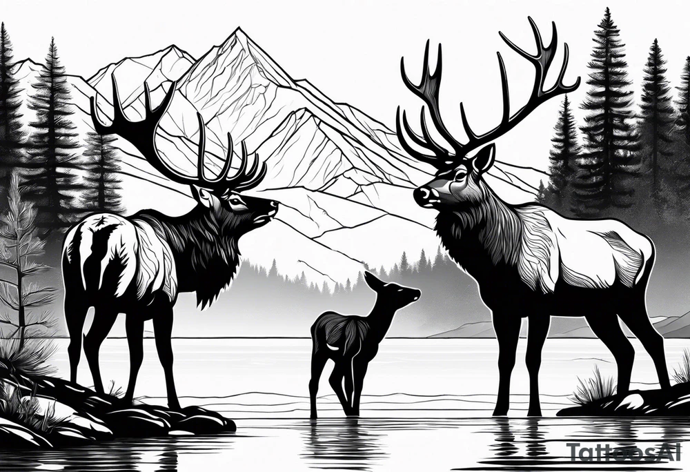 male and female elk near water with mountain landscape in the background with as little black as possible tattoo idea