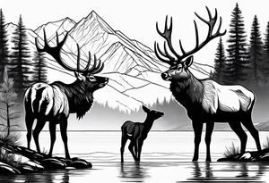 male and female elk near water with mountain landscape in the background with as little black as possible tattoo idea