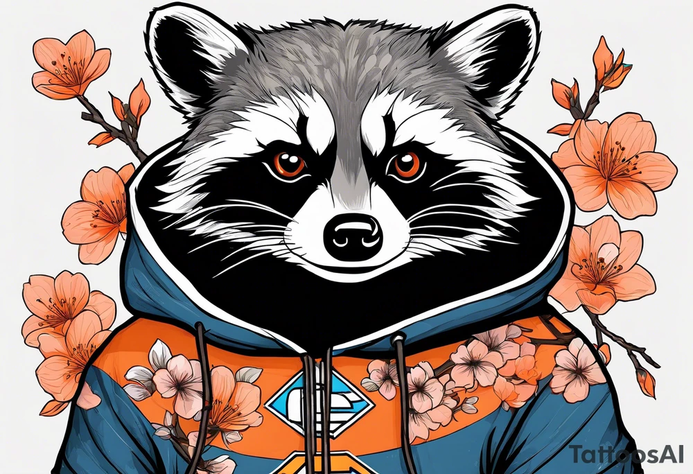 raccoon wearing a black and white Superman hoodie and orange Japanese cherry blossoms tattoo idea