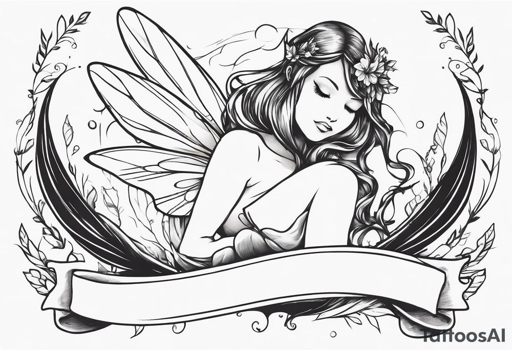 Minimalistic, monochromatic fairy with a tail flying to the left in a fetal position, leaning and looking in the same direction, with visible hands, embodying the 'Fairy Tail' logo aesthetic. tattoo idea