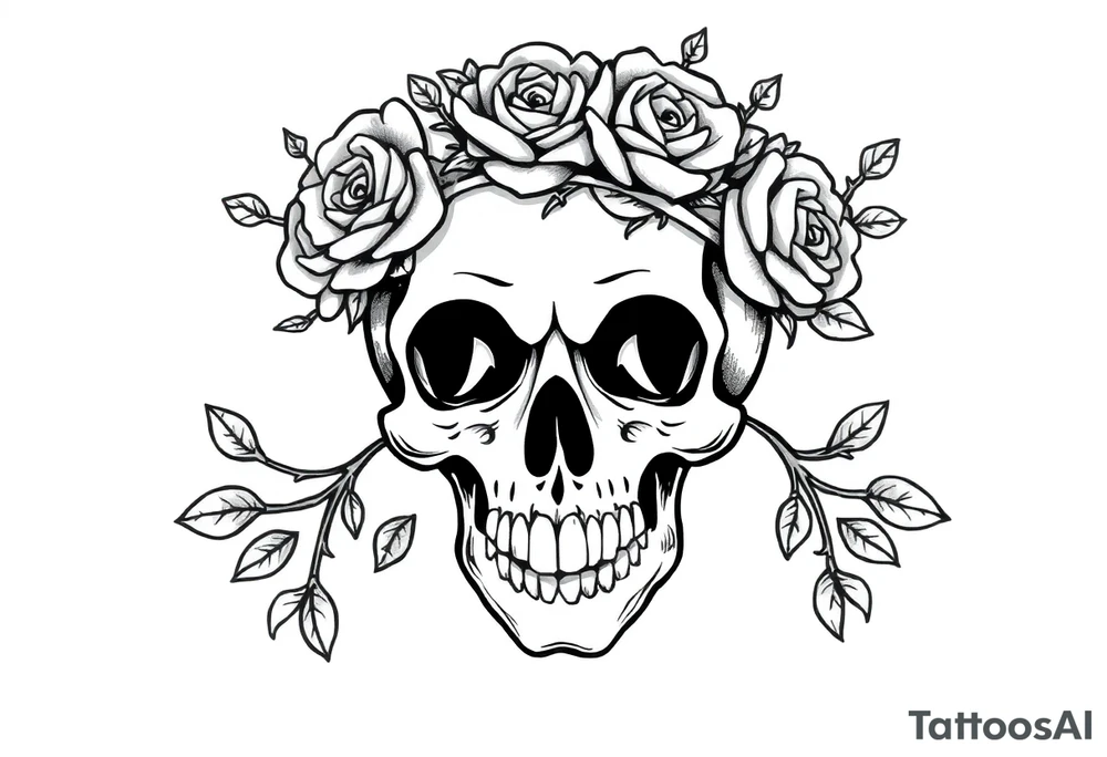 ornate skull adorned with crown of wild roses and thorns tattoo idea