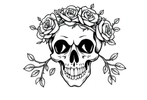 ornate skull adorned with crown of wild roses and thorns tattoo idea