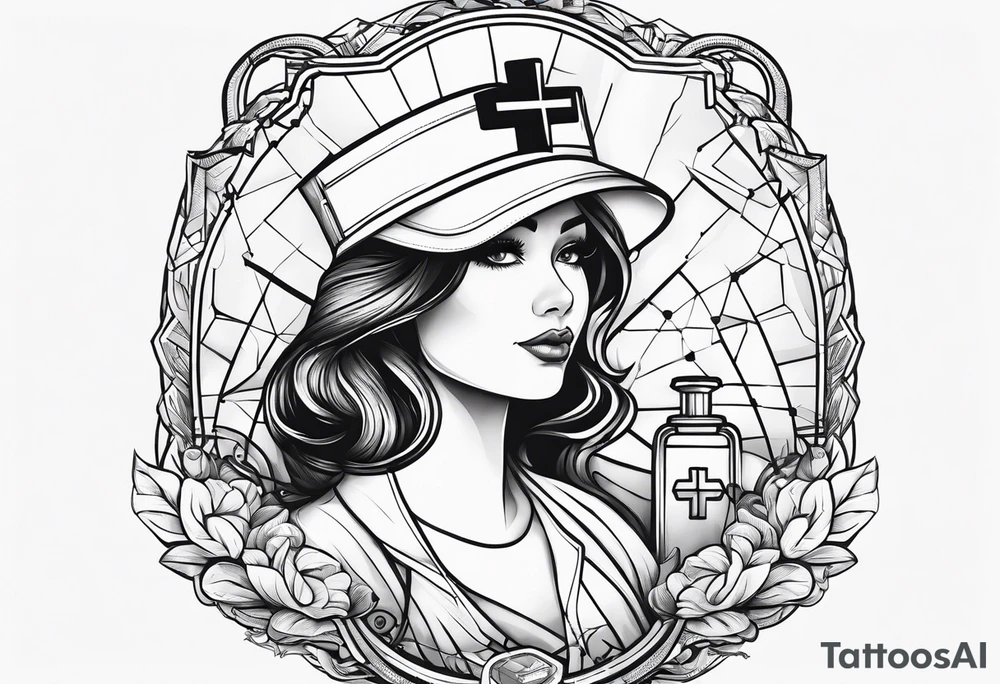 nurse hat, hospital, cross, stethoscope, needle tattoo idea