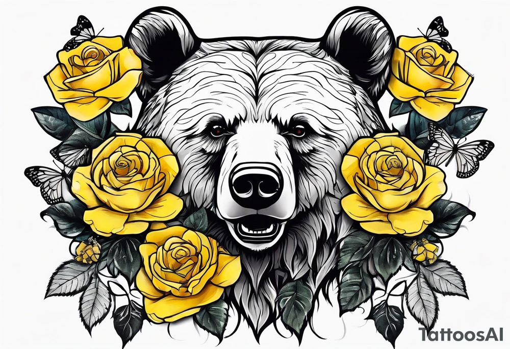 A bear with three yellow roses, three butterflies, and the tree of life symbol tattoo idea