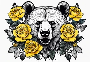 A bear with three yellow roses, three butterflies, and the tree of life symbol tattoo idea