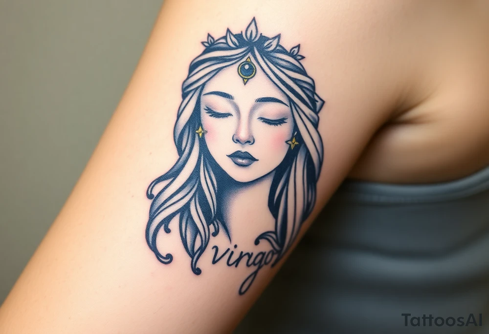 A serene goddess with closed eyes and a third eye glowing on her forehead, wrapped in a cosmic veil of navy blue and silver dust with the word virgo tattoo idea