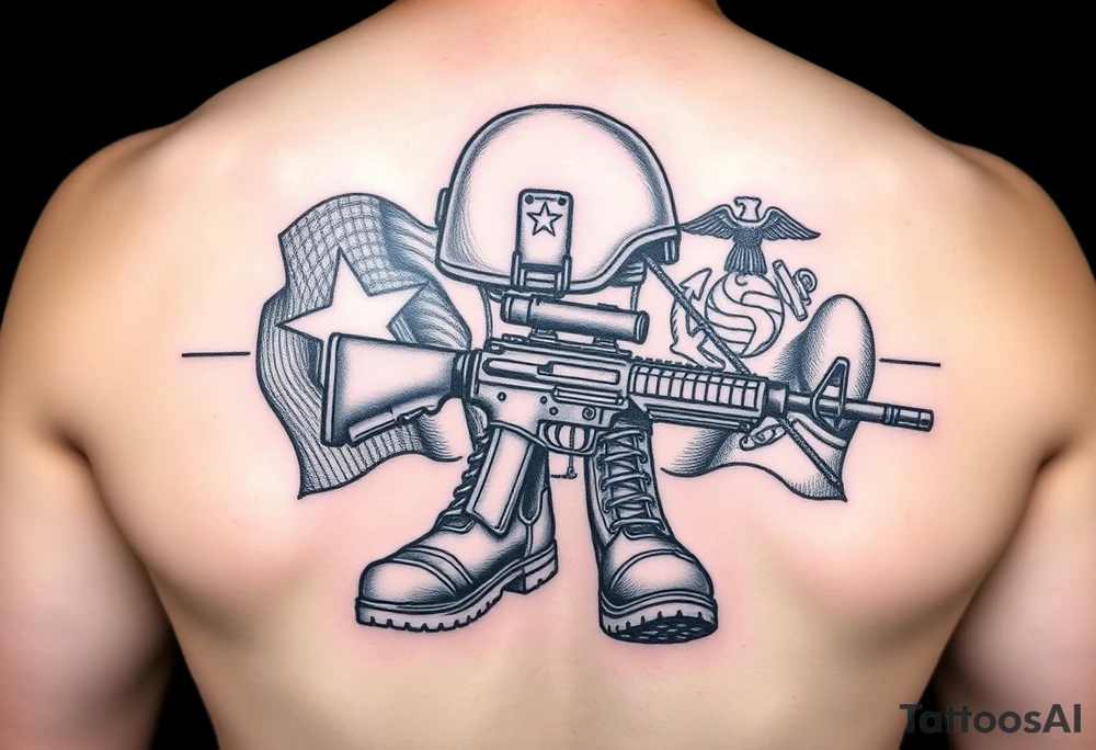 Miliary boots, rifle, helmet in black and grey with color Navy and Marine Corps Flags in the background tattoo idea