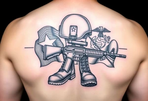 Miliary boots, rifle, helmet in black and grey with color Navy and Marine Corps Flags in the background tattoo idea