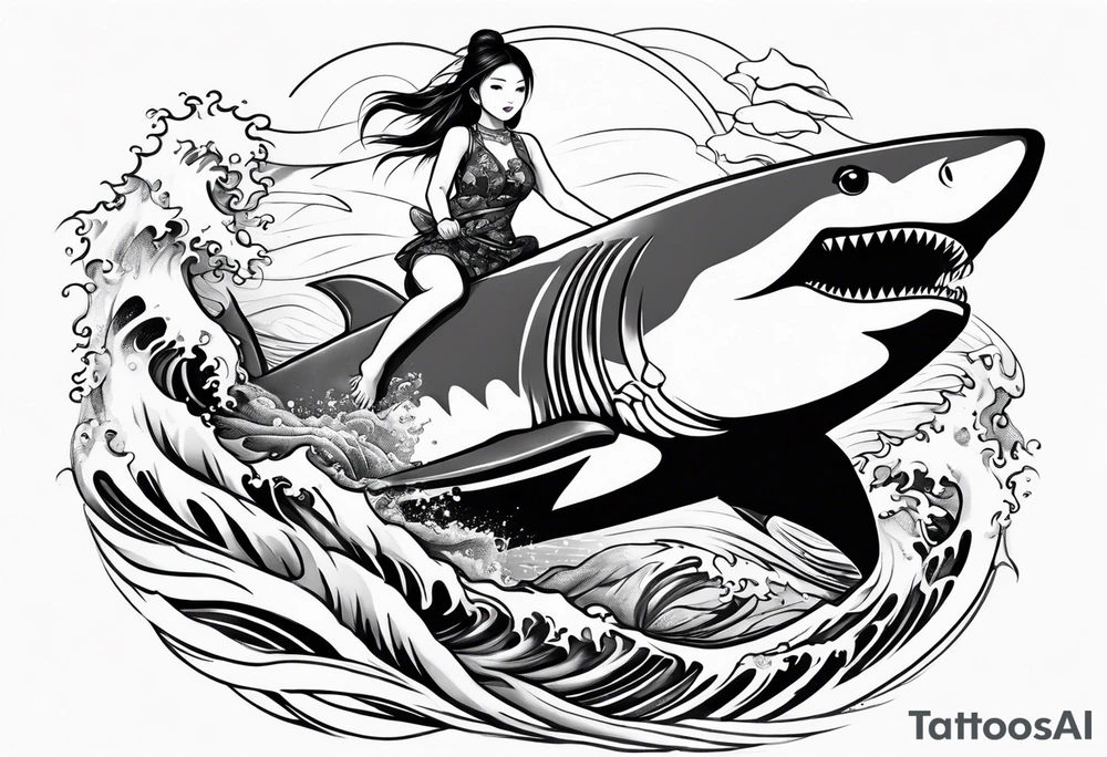 naked japanese girl riding shark tattoo idea