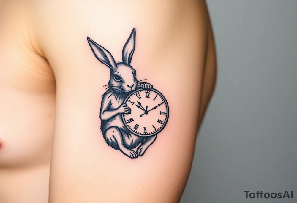 Tribal Rabbit holding a Clock tattoo idea