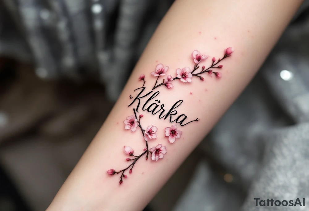 Klárka in delicate script, surrounded by cherry blossom petals in soft pink. tattoo idea